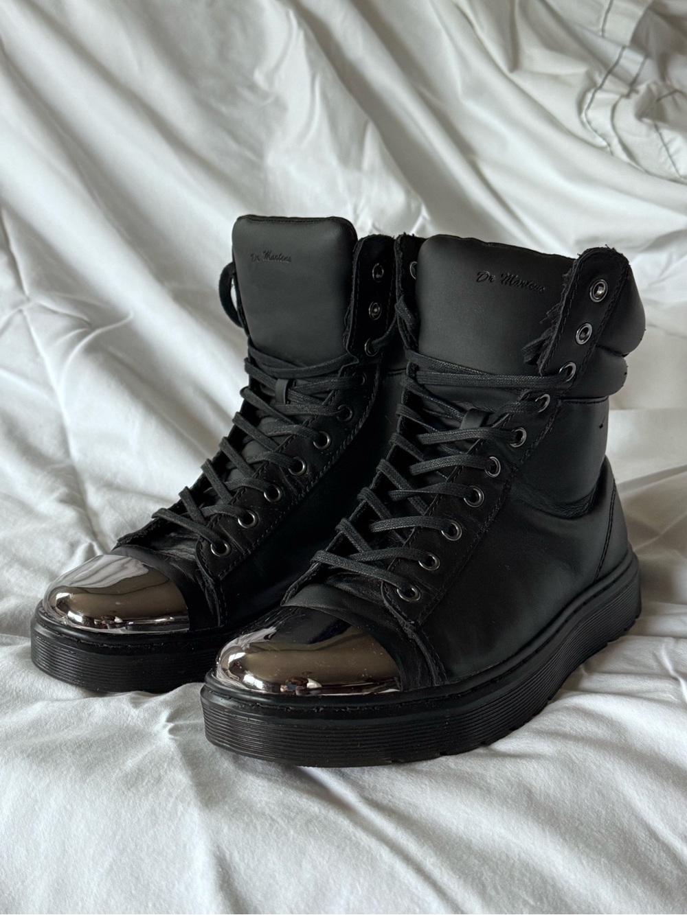 Black Lace-Up Women’s High-Top Boots with Metallic Toe